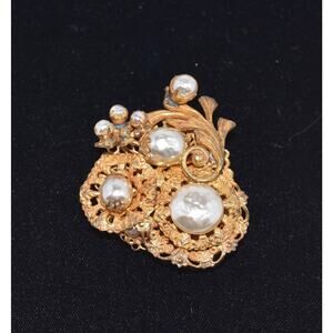 Miriam Haskell 3D Glass Faux Pearls, Russian Gilt Filigree Brooch Signed